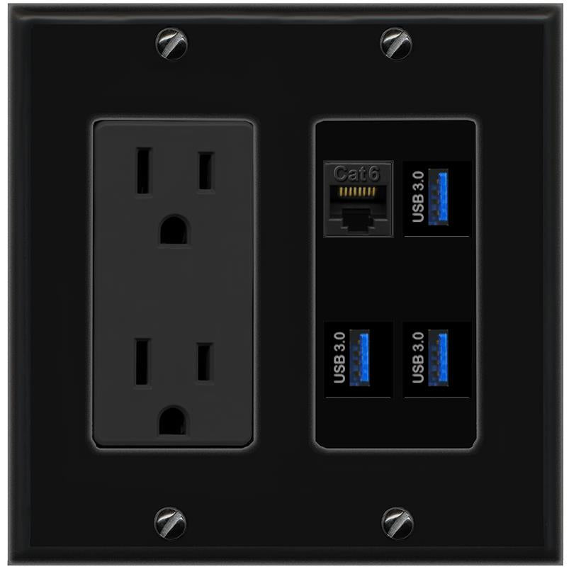 RiteAV CAT6 3 USB-3 Wall Plate with 15A Power Outlet [Black]