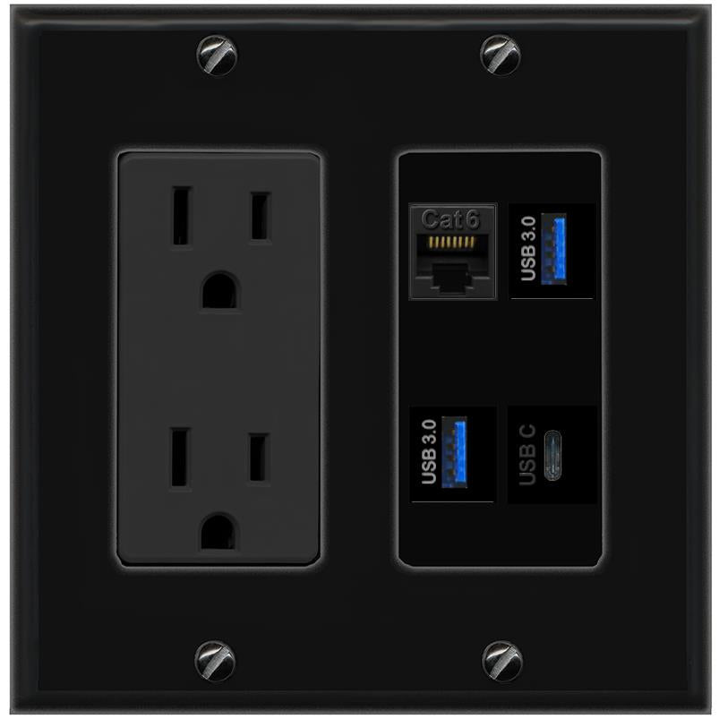 RiteAV CAT6 2 USB-3 USBC Wall Plate with 15A Power Outlet [Black]