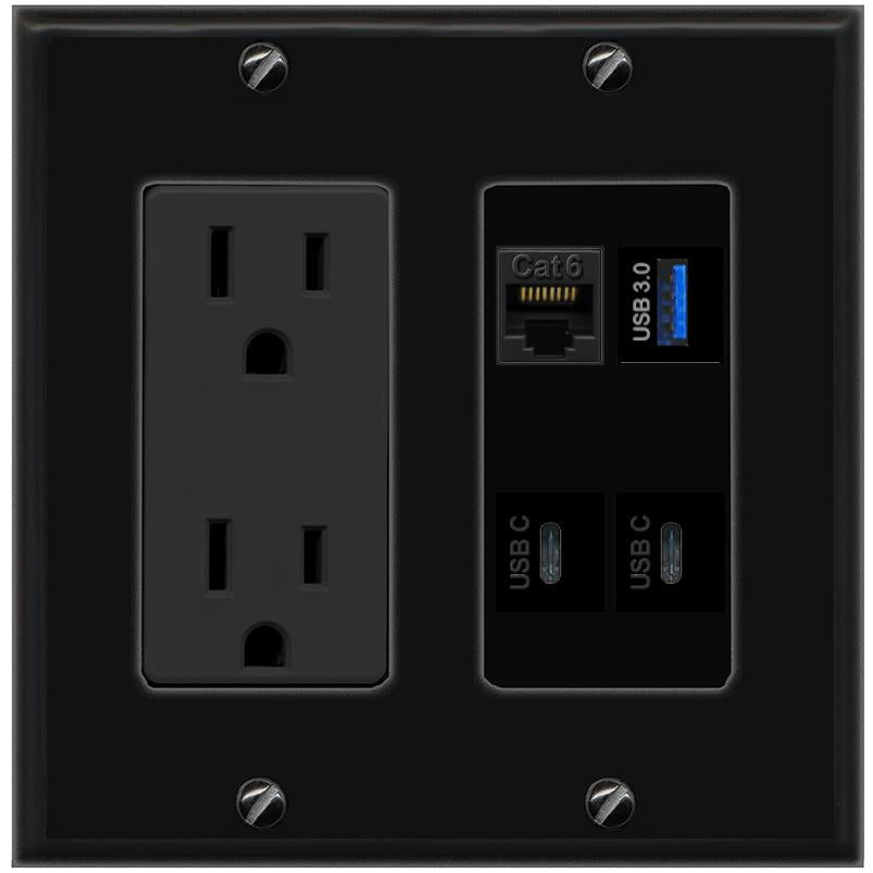 RiteAV CAT6 USB-3 2 USBC Wall Plate with 15A Power Outlet [Black]