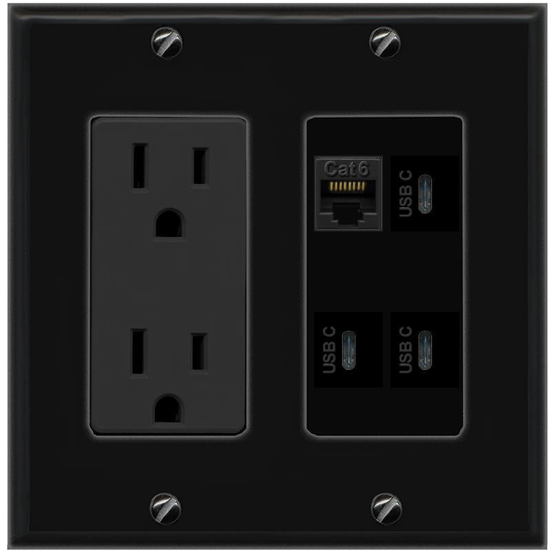 RiteAV CAT6 3 USBC Wall Plate with 15A Power Outlet [Black]
