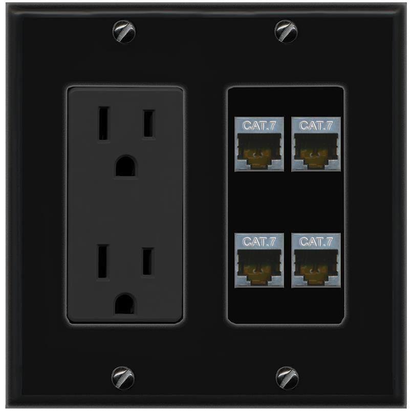 RiteAV 4 CAT7 Wall Plate with 15A Power Outlet [Black]