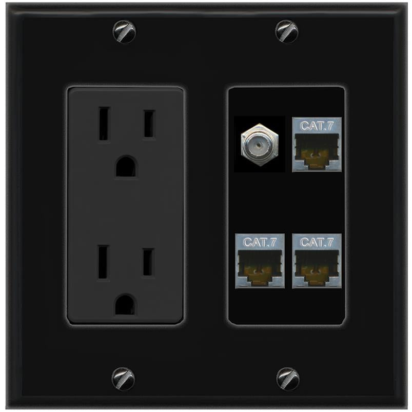 RiteAV 3 CAT7 COAX Wall Plate with 15A Power Outlet [Black]