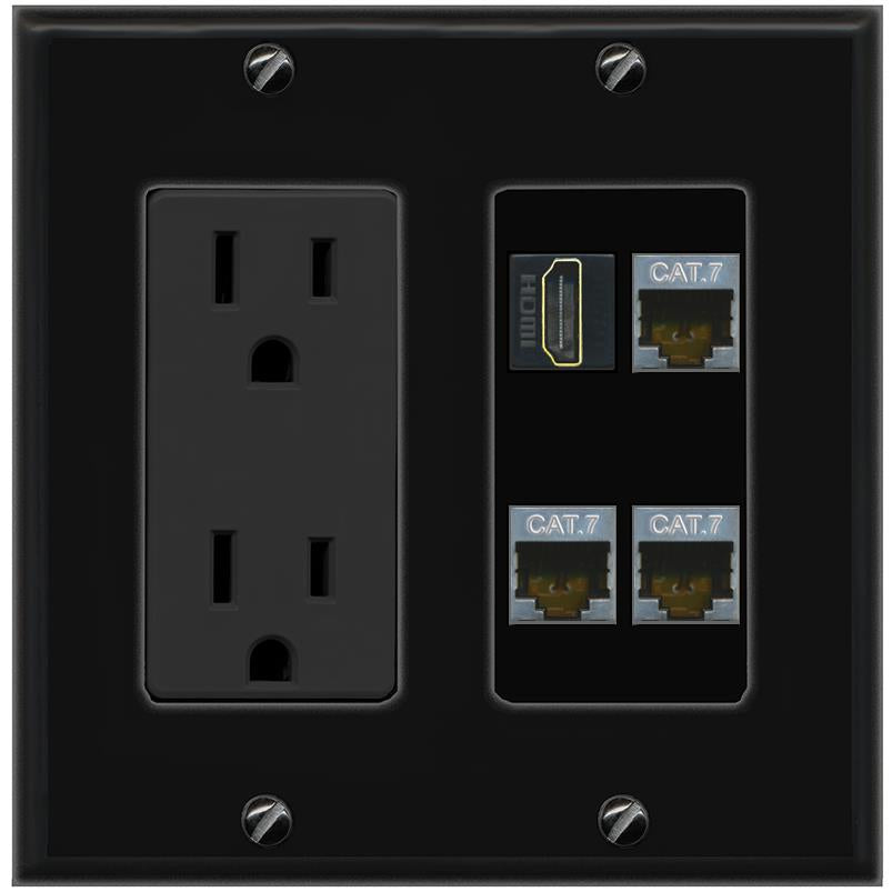 RiteAV 3 CAT7 HDMI Wall Plate with 15A Power Outlet [Black]
