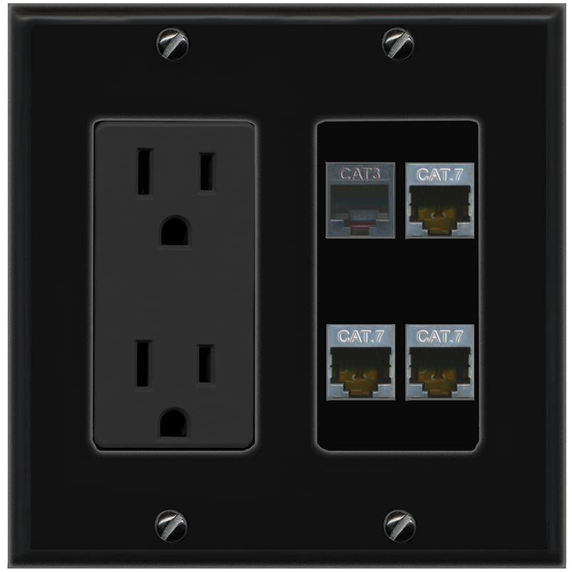 RiteAV 3 CAT7 PHONE Wall Plate with 15A Power Outlet [Black]