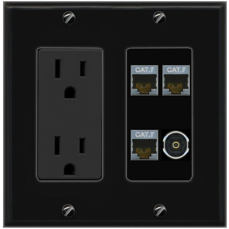 RiteAV 3 CAT7 TOSLINK Wall Plate with 15A Power Outlet [Black]