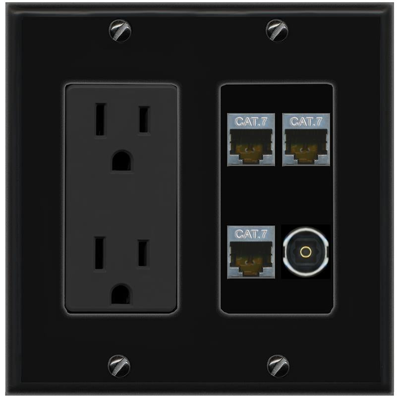 RiteAV 3 CAT7 TOSLINK Wall Plate with 15A Power Outlet [Black]