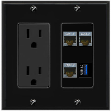 RiteAV 3 CAT7 USB-3 Wall Plate with 15A Power Outlet [Black]