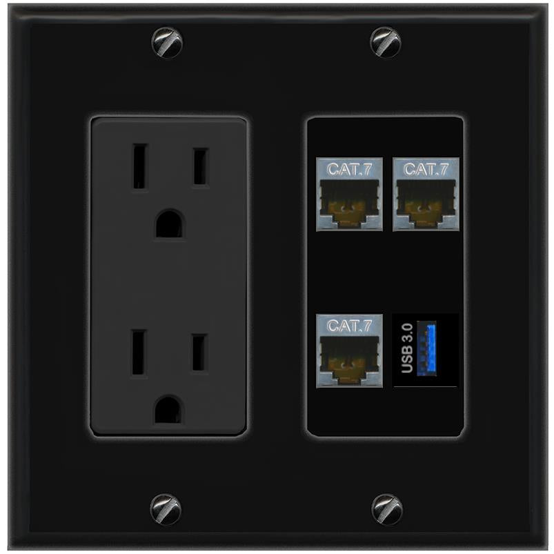 RiteAV 3 CAT7 USB-3 Wall Plate with 15A Power Outlet [Black]