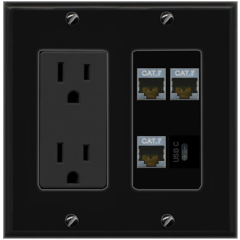 RiteAV 3 CAT7 USBC Wall Plate with 15A Power Outlet [Black]