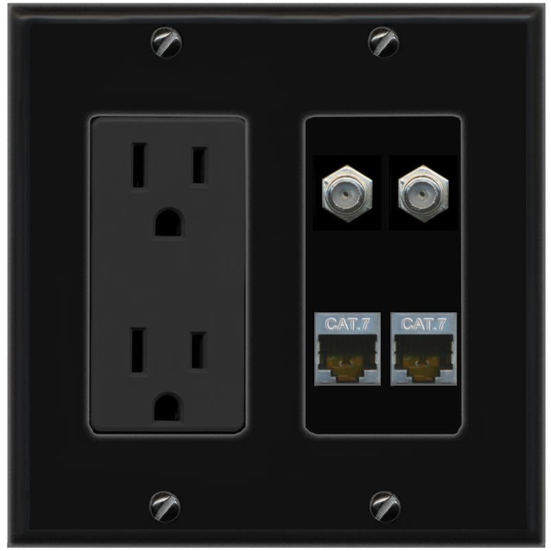 RiteAV 2 CAT7 2 COAX Wall Plate with 15A Power Outlet [Black]