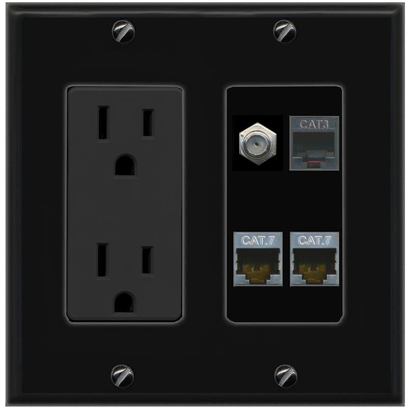 RiteAV 2 CAT7 COAX PHONE Wall Plate with 15A Power Outlet [Black]
