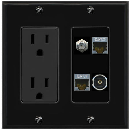 RiteAV 2 CAT7 COAX TOSLINK Wall Plate with 15A Power Outlet [Black]