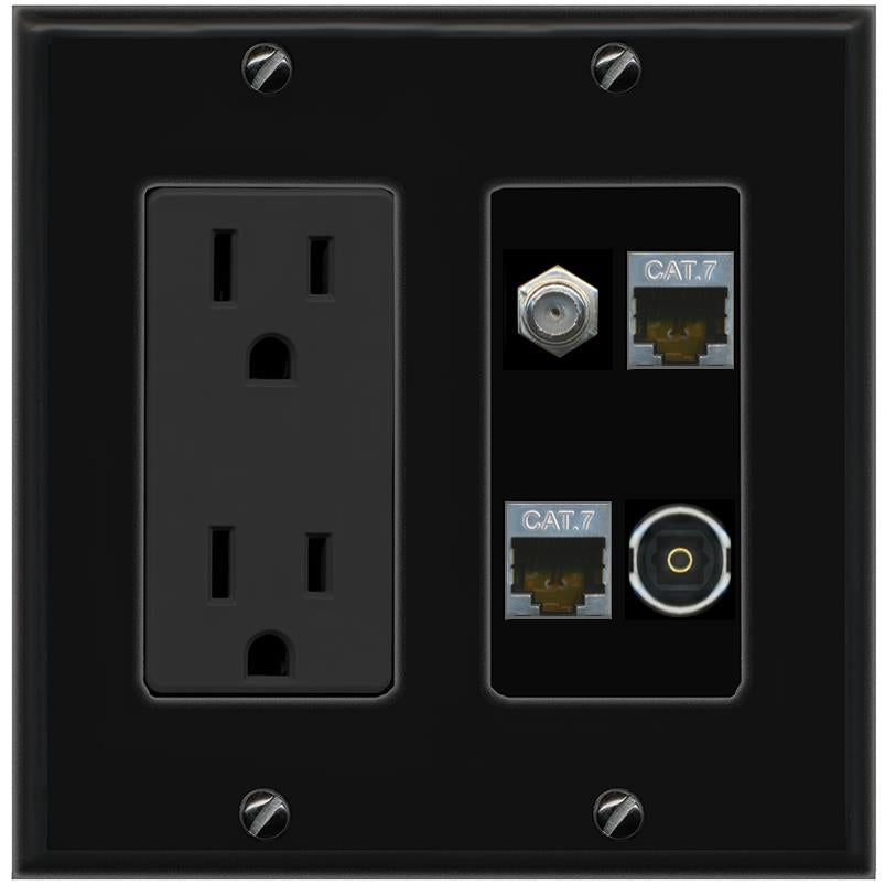 RiteAV 2 CAT7 COAX TOSLINK Wall Plate with 15A Power Outlet [Black]
