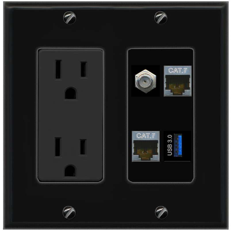 RiteAV 2 CAT7 COAX USB-3 Wall Plate with 15A Power Outlet [Black]