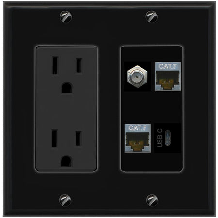 RiteAV 2 CAT7 COAX USBC Wall Plate with 15A Power Outlet [Black]