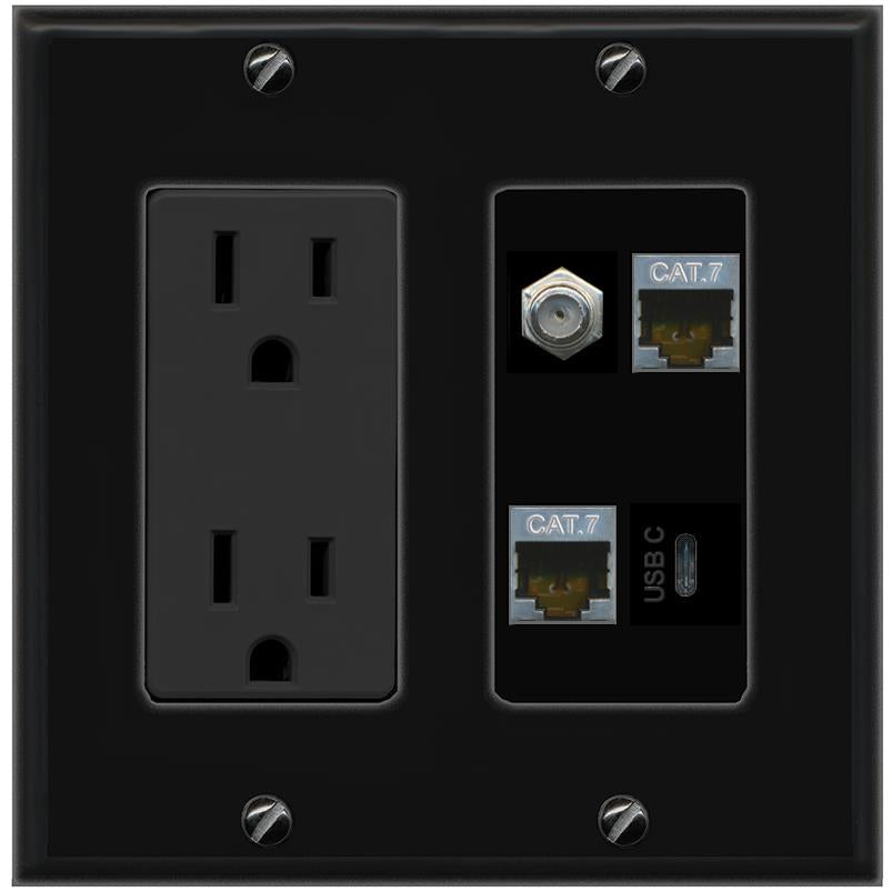 RiteAV 2 CAT7 COAX USBC Wall Plate with 15A Power Outlet [Black]