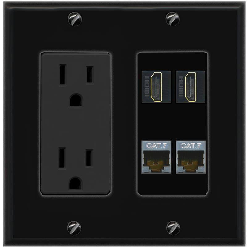 RiteAV 2 CAT7 2 HDMI Wall Plate with 15A Power Outlet [Black]