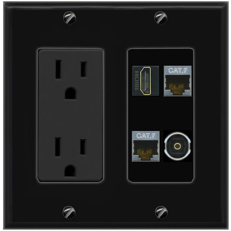 RiteAV 2 CAT7 HDMI TOSLINK Wall Plate with 15A Power Outlet [Black]