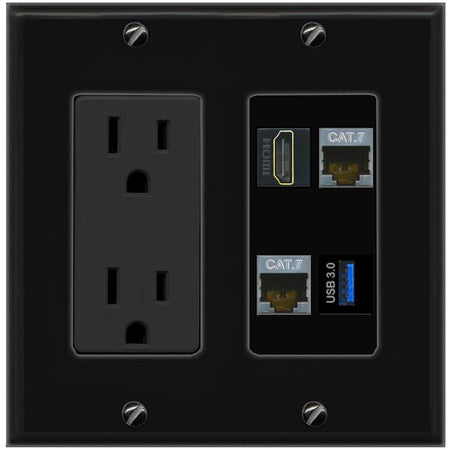 RiteAV 2 CAT7 HDMI USB-3 Wall Plate with 15A Power Outlet [Black]