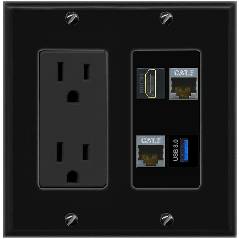 RiteAV 2 CAT7 HDMI USB-3 Wall Plate with 15A Power Outlet [Black]