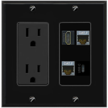 RiteAV 2 CAT7 HDMI USBC Wall Plate with 15A Power Outlet [Black]
