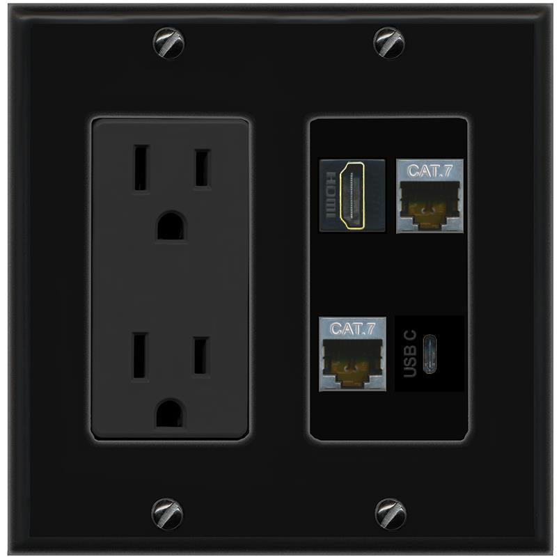 RiteAV 2 CAT7 HDMI USBC Wall Plate with 15A Power Outlet [Black]