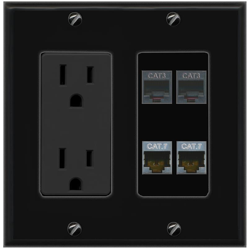 RiteAV 2 CAT7 2 PHONE Wall Plate with 15A Power Outlet [Black]