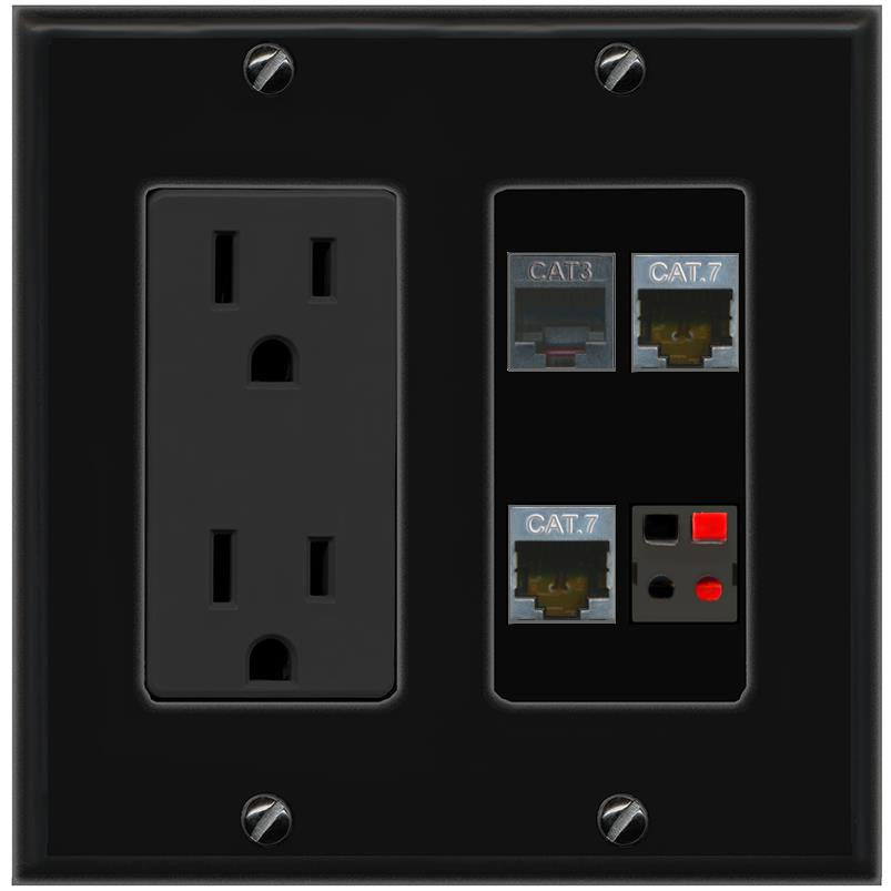RiteAV 2 CAT7 PHONE SPEAKER Wall Plate with 15A Power Outlet [Black]