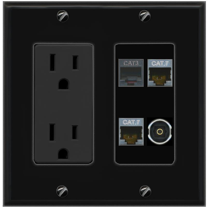 RiteAV 2 CAT7 PHONE TOSLINK Wall Plate with 15A Power Outlet [Black]