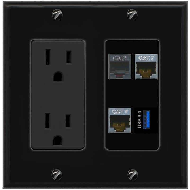 RiteAV 2 CAT7 PHONE USB-3 Wall Plate with 15A Power Outlet [Black]