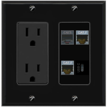 RiteAV 2 CAT7 PHONE USBC Wall Plate with 15A Power Outlet [Black]