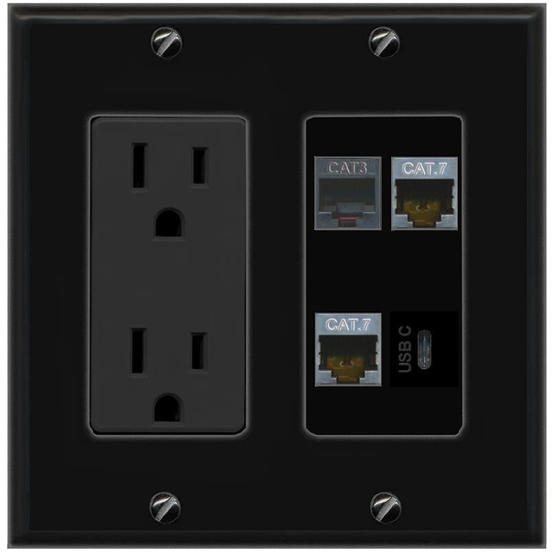RiteAV 2 CAT7 PHONE USBC Wall Plate with 15A Power Outlet [Black]