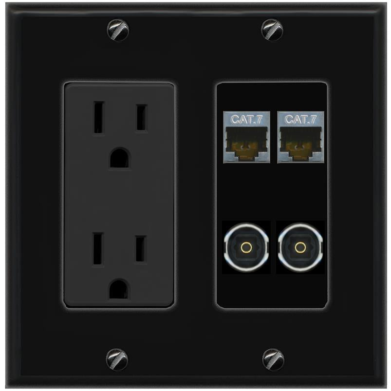 RiteAV 2 CAT7 2 TOSLINK Wall Plate with 15A Power Outlet [Black]