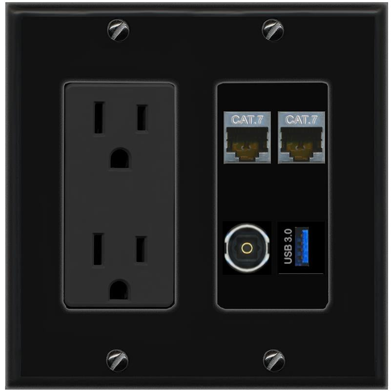 RiteAV 2 CAT7 TOSLINK USB-3 Wall Plate with 15A Power Outlet [Black]