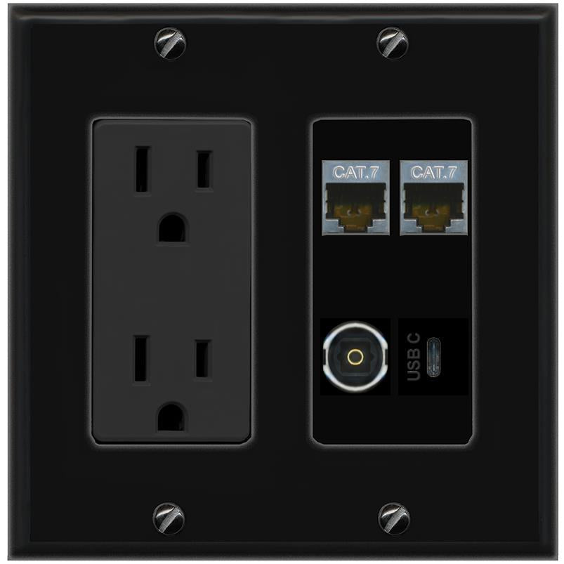 RiteAV 2 CAT7 TOSLINK USBC Wall Plate with 15A Power Outlet [Black]