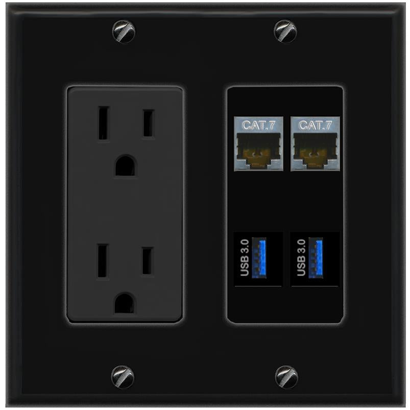 RiteAV 2 CAT7 2 USB-3 Wall Plate with 15A Power Outlet [Black]