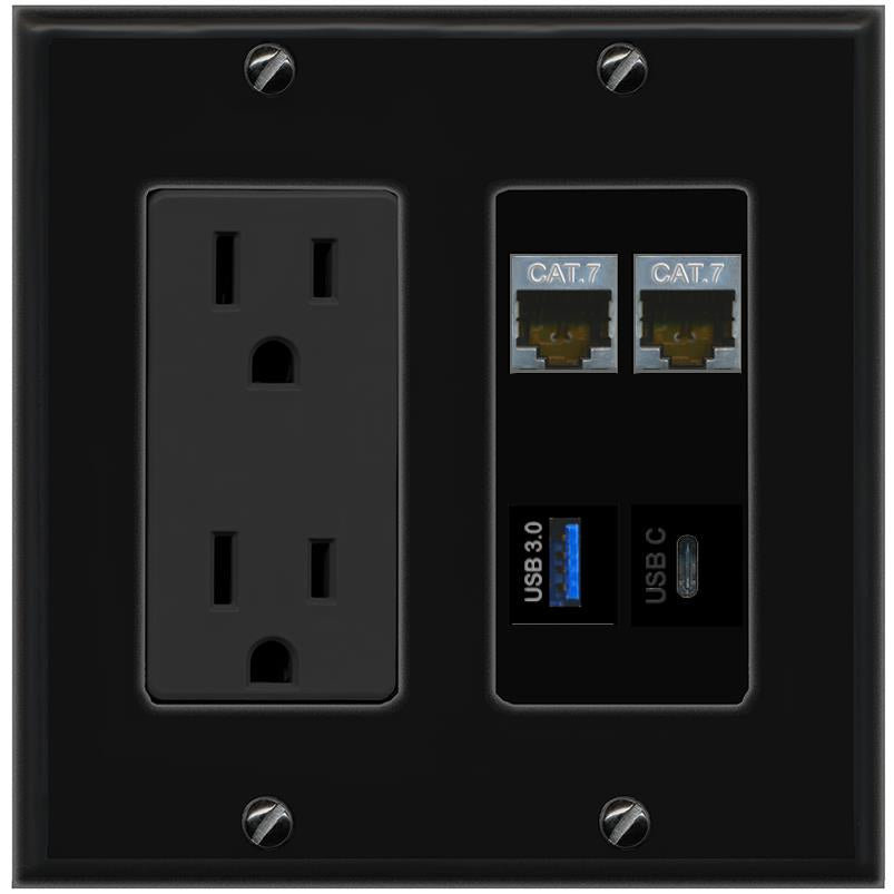 RiteAV 2 CAT7 USB-3 USBC Wall Plate with 15A Power Outlet [Black]