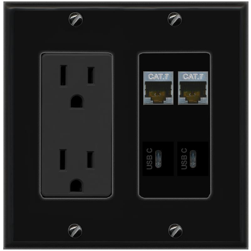 RiteAV 2 CAT7 2 USBC Wall Plate with 15A Power Outlet [Black]