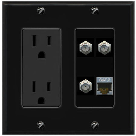 RiteAV CAT7 3 COAX Wall Plate with 15A Power Outlet [Black]