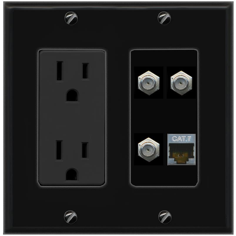 RiteAV CAT7 3 COAX Wall Plate with 15A Power Outlet [Black]