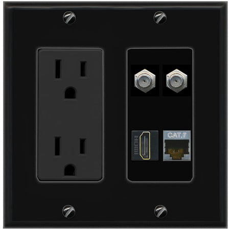 RiteAV CAT7 2 COAX HDMI Wall Plate with 15A Power Outlet [Black]