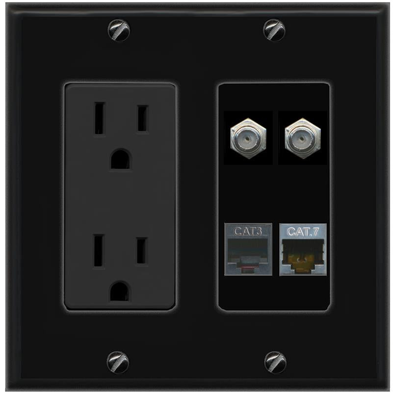 RiteAV CAT7 2 COAX PHONE Wall Plate with 15A Power Outlet [Black]