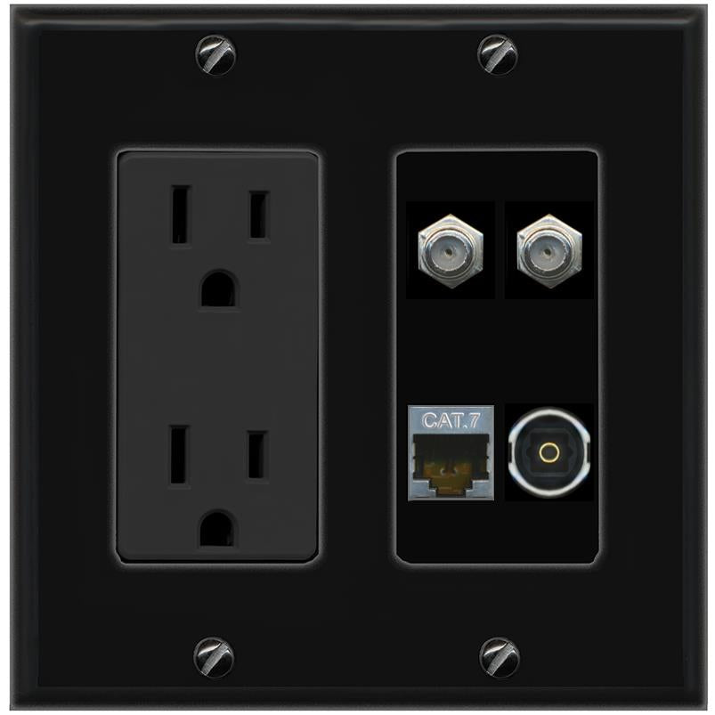 RiteAV CAT7 2 COAX TOSLINK Wall Plate with 15A Power Outlet [Black]
