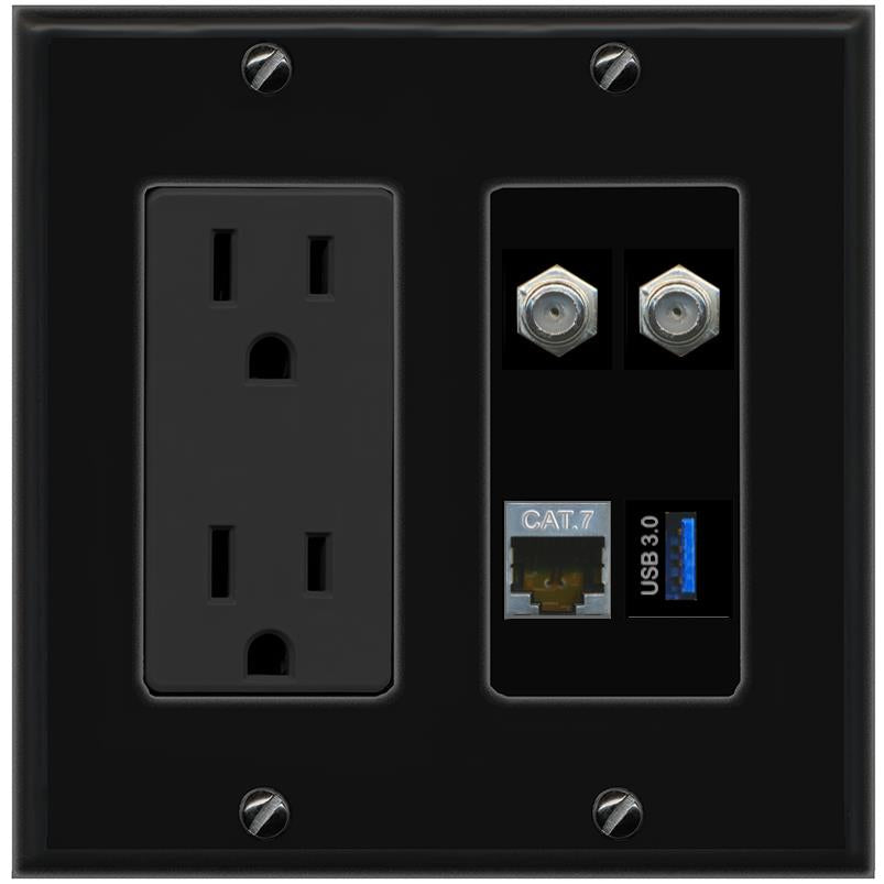 RiteAV CAT7 2 COAX USB-3 Wall Plate with 15A Power Outlet [Black]