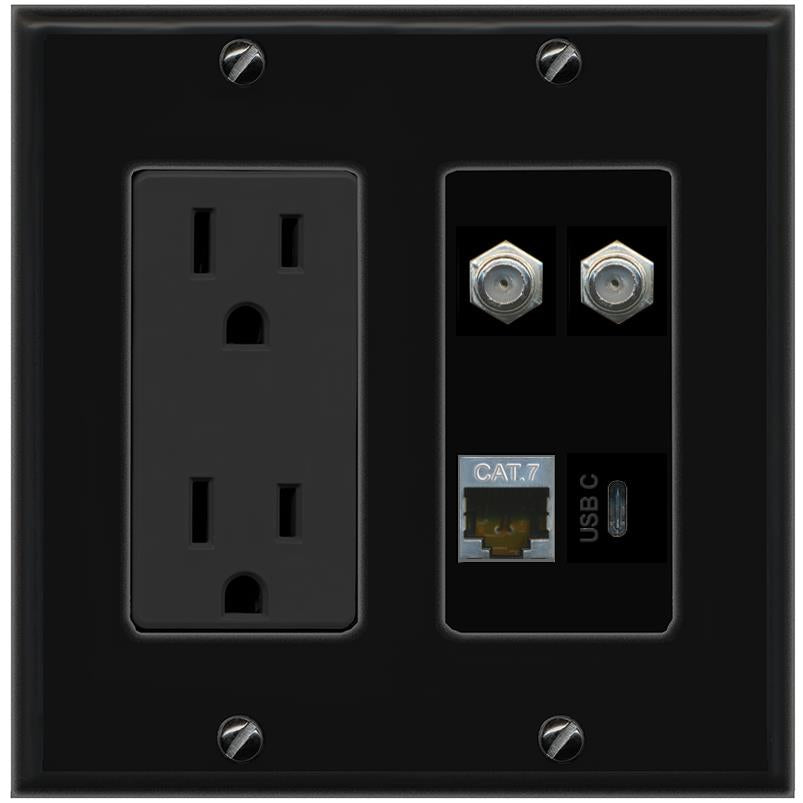 RiteAV CAT7 2 COAX USBC Wall Plate with 15A Power Outlet [Black]