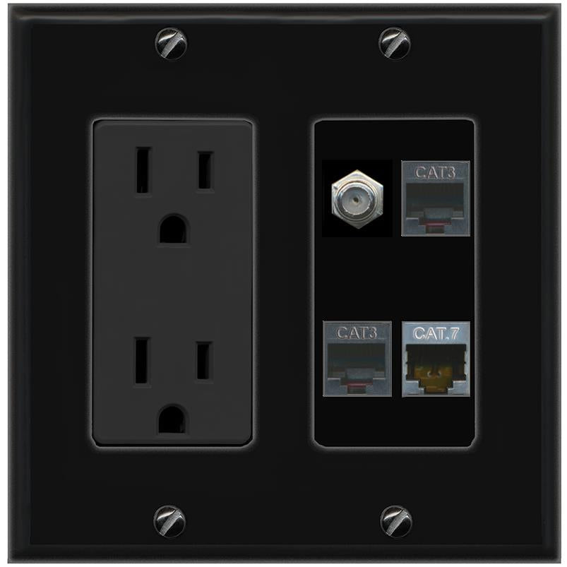 RiteAV CAT7 COAX 2 PHONE Wall Plate with 15A Power Outlet [Black]