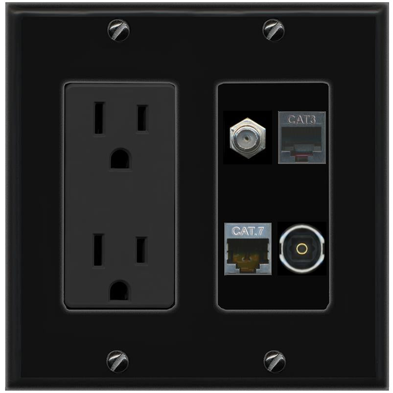 RiteAV CAT7 COAX PHONE TOSLINK Wall Plate with 15A Power Outlet [Black]
