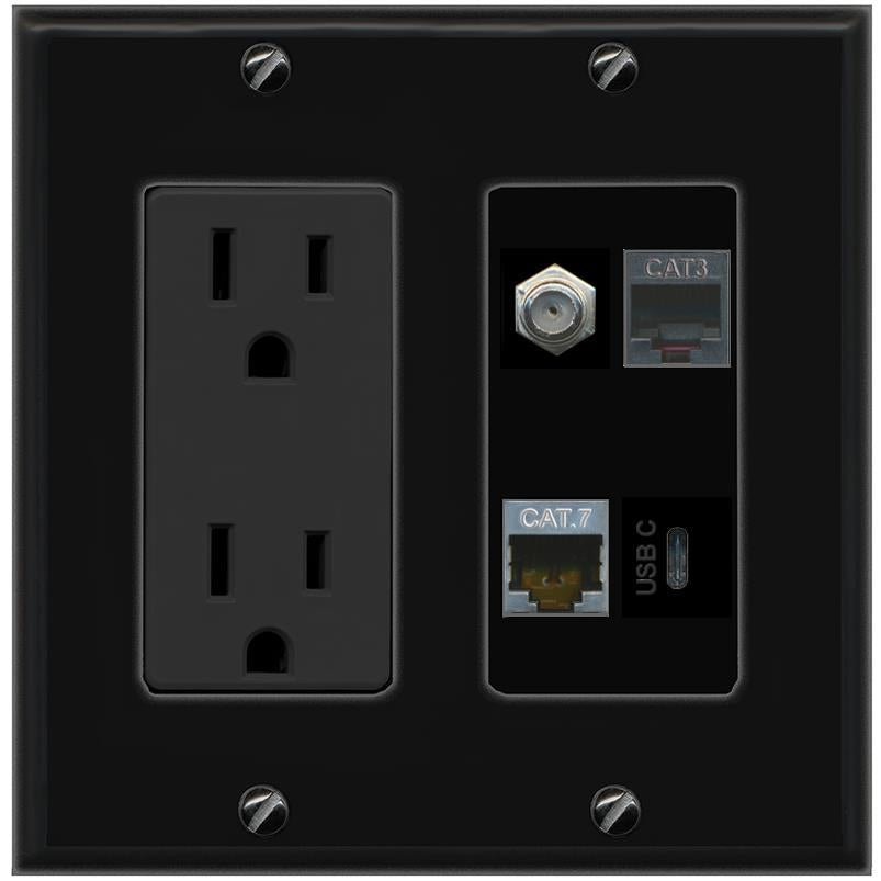 RiteAV CAT7 COAX PHONE USBC Wall Plate with 15A Power Outlet [Black]
