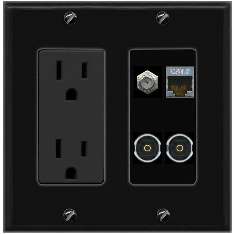 RiteAV CAT7 COAX 2 TOSLINK Wall Plate with 15A Power Outlet [Black]