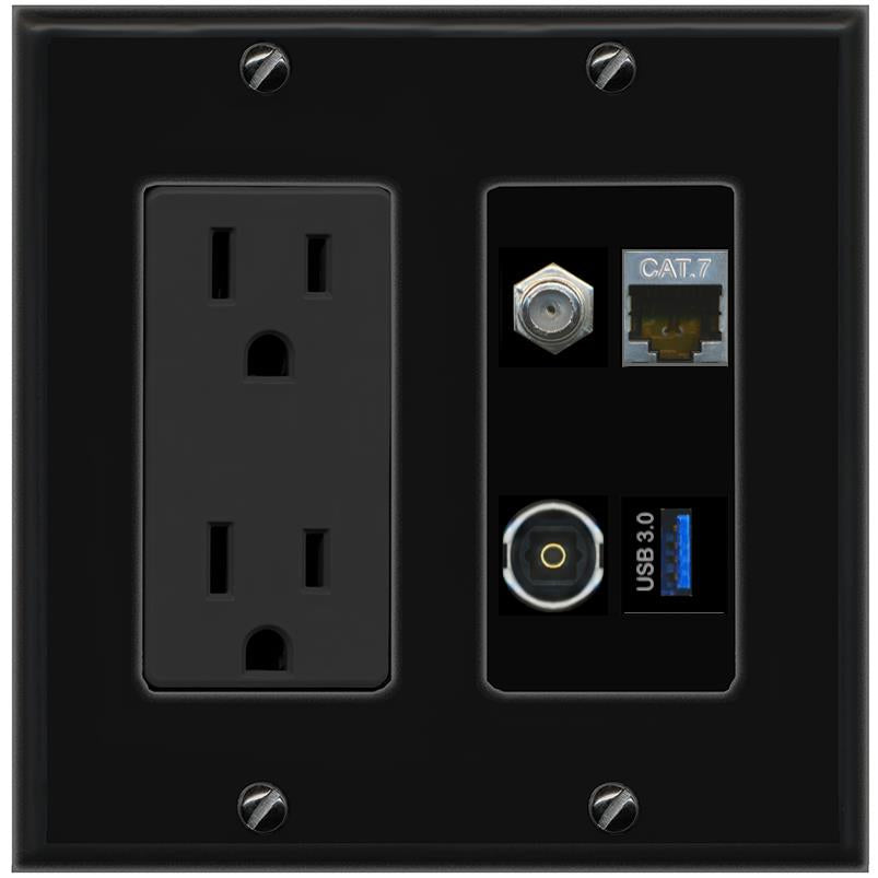 RiteAV CAT7 COAX TOSLINK USB-3 Wall Plate with 15A Power Outlet [Black]